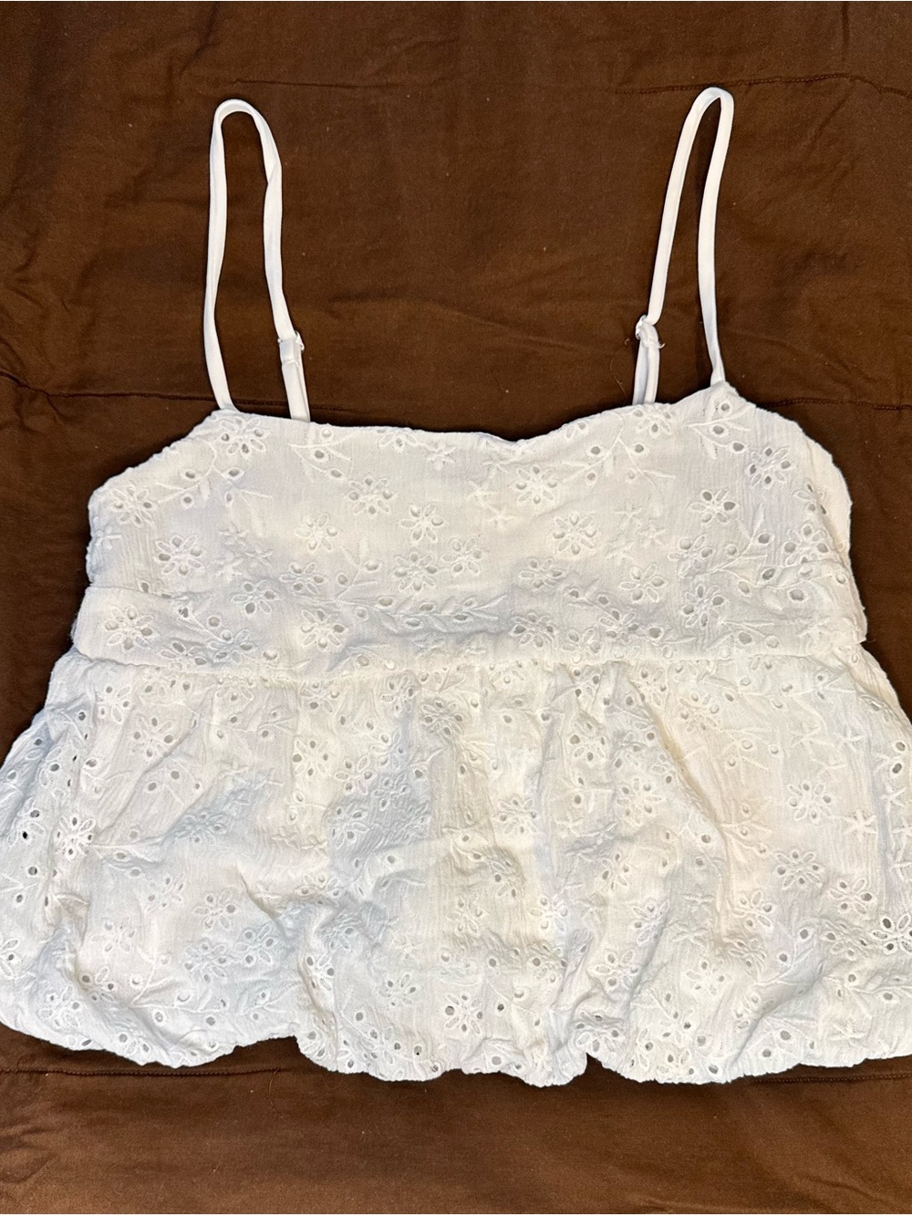 White Eyelet Spaghetti Strap Peplum Top